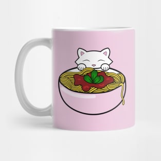 Hungry cat eating bowl of pasta Mug